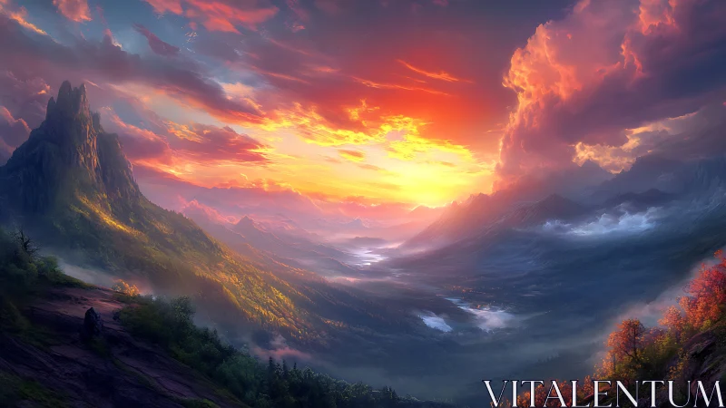 Mountain valley sunset with stylized clouds and glowing light