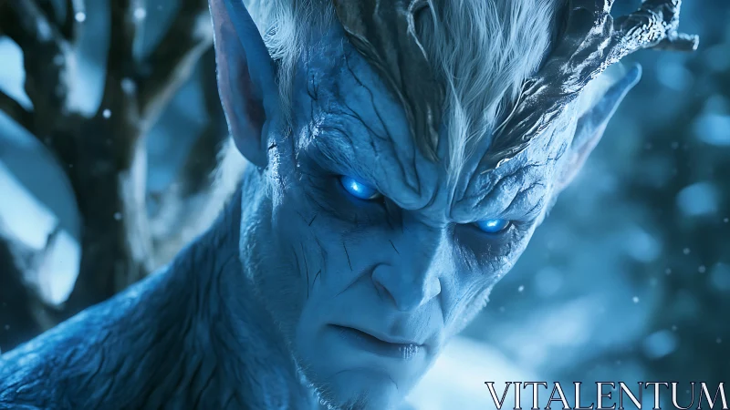 Frostborn horned entity with glowing eyes in icy mist.