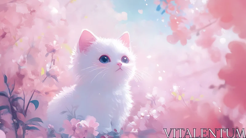 White Cat Among Blooming Flowers in Soft Pink Light