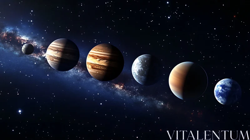 Gentle lineup of glowing planets drifting through starlight.