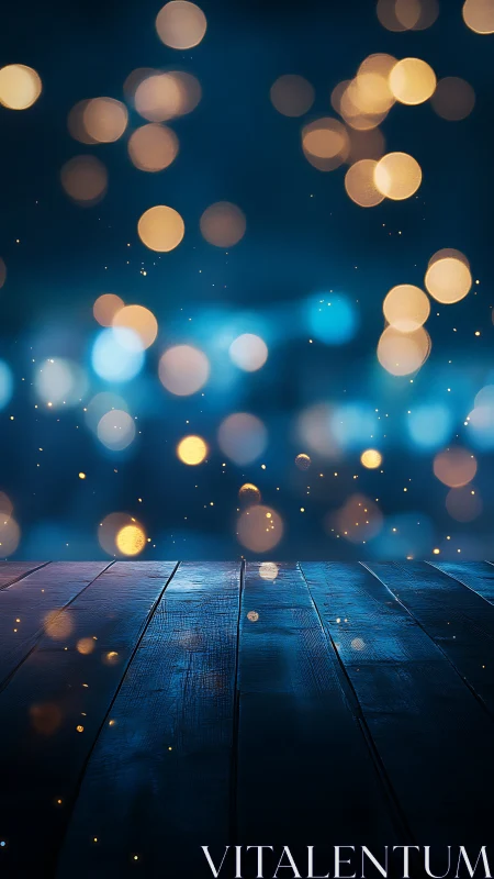 Soft golden lights drift above a quiet midnight wooden floor