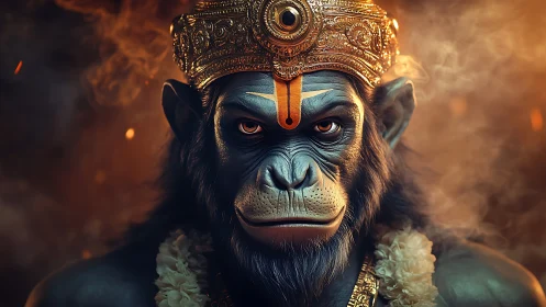 Majestic warrior monkey deity crowned in molten gold.