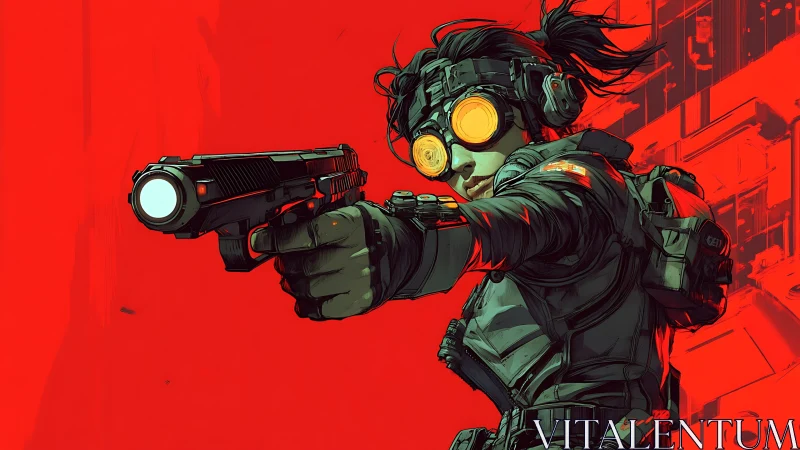 Armed operative in tactical gear against red background.