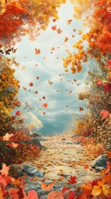 Golden autumn path under swirling leaves and soft sky.