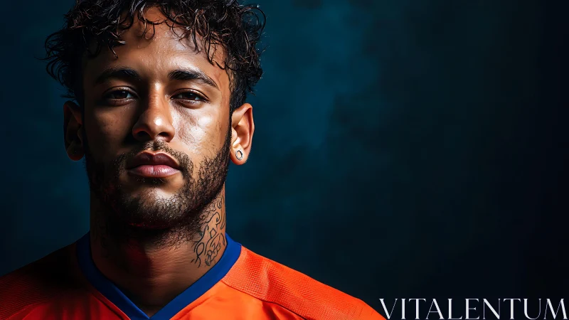 Portrait shows male subject in orange sports jersey facing camera