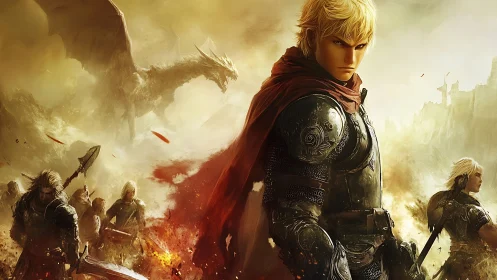 Armored blond commander stands before airborne dragon amid battle