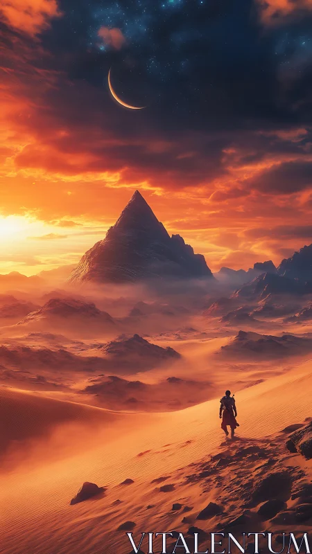 Wanderer in a glowing desert beneath a crescent sky.