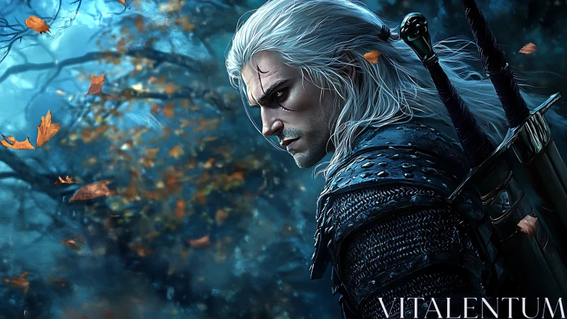 White-haired monster hunter stalks through whispering blue woods.
