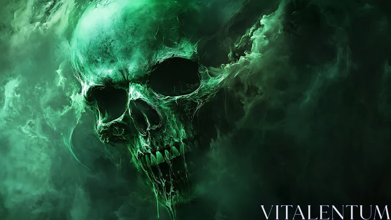 Green spectral skull emerging within dense swirling mist.