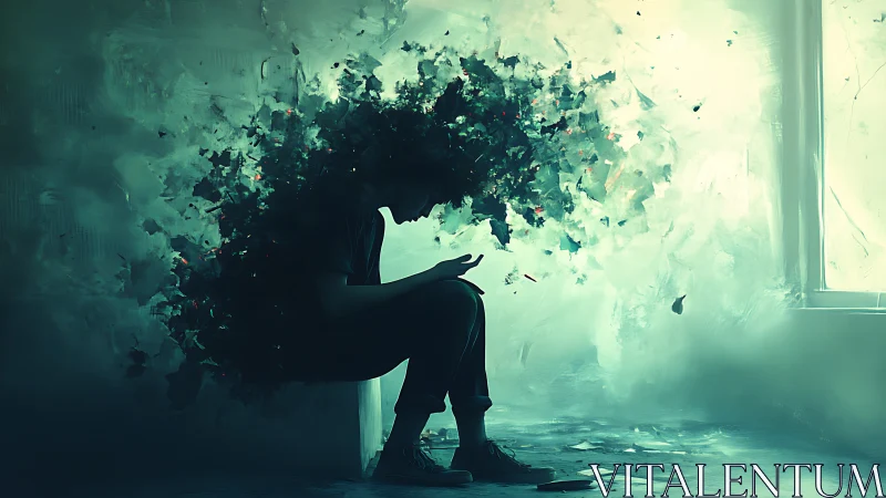 Silhouetted figure in fracturing digital haze by bright window