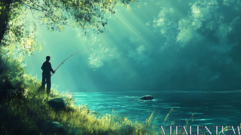 Digital painting of lone angler on sunlit riverside slope.