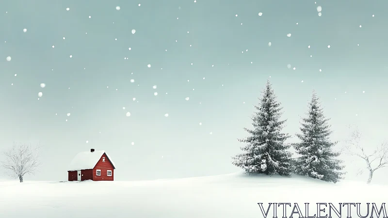 Minimalist winter landscape with red cabin and snow-laden conifers