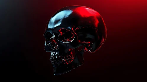 Gleaming crimson skull in dramatic red night glow.