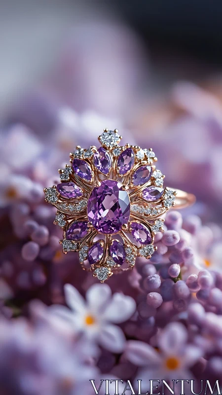 Rose gold amethyst and diamond ring on soft lilac flowers.