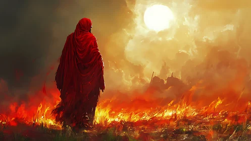 Red cloaked figure walking through burning wasteland.