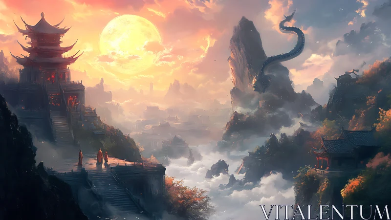 Temple terraces, full moon sky, mountain dragon presence.