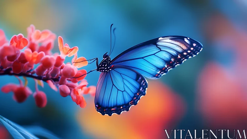 Luminous blue butterfly pauses midair on coral blossom