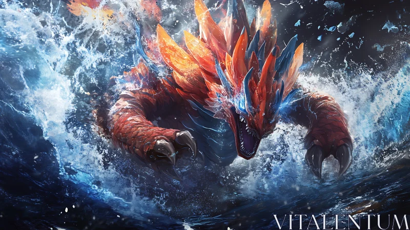 Tidal crystal leviathan erupts from storm-split ocean dusk.