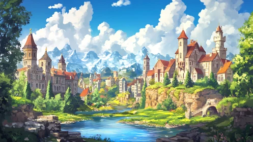 Sunlit riverside fantasy citadel rendered in luminous digital paint