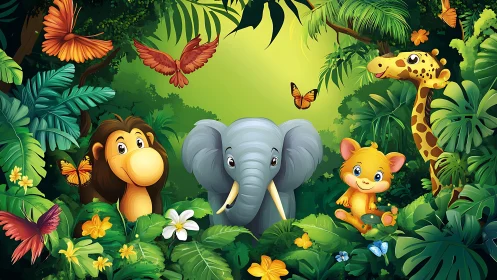 Playful jungle friends encircled by vivid tropical foliage.