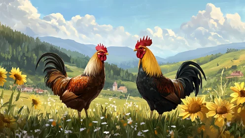 Two Roosters in Alpine Meadow with Sunflowers.