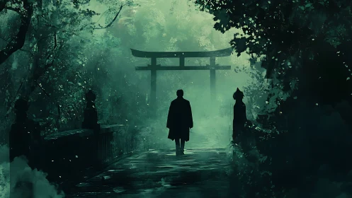 Solitary figure crossing misted bridge toward torii gate.