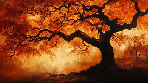 Ancient Oak in Autumn Fire: Digital Landscape Silhouette.