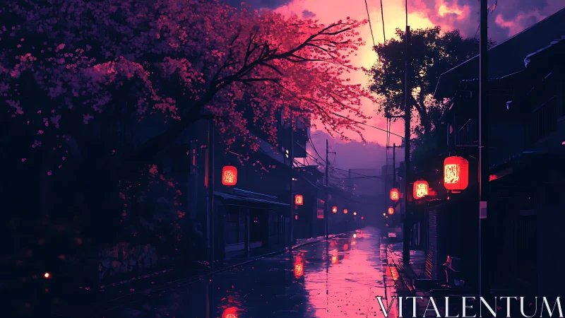 Neon lanterns glow along rainy sakura street at dusk.
