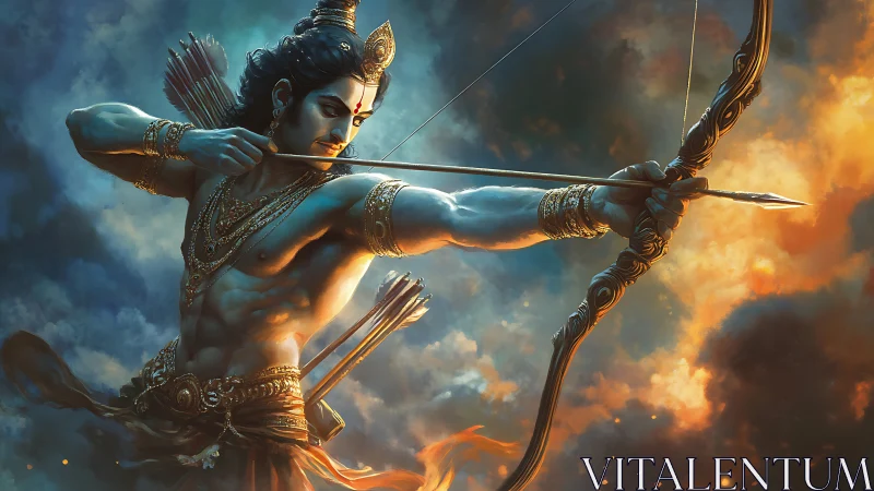 Heroic archer poised against a glowing, stormy sky.