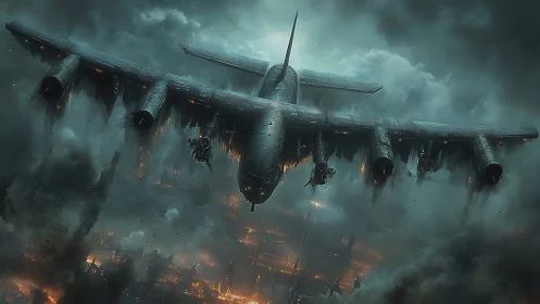 Heavily armed gunship over burning city in volumetric war fog