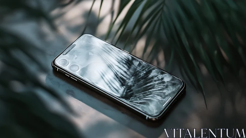 Modern Smartphone Displayed on Palm Frond Shadow Surface.