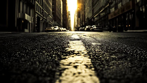 Urban street at sunrise with low angle city perspective.