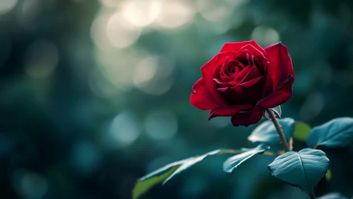Red rose specimen with blurred green foliage background.