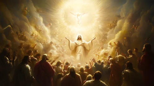 Radiant heavenly gathering around a rising savior figure.
