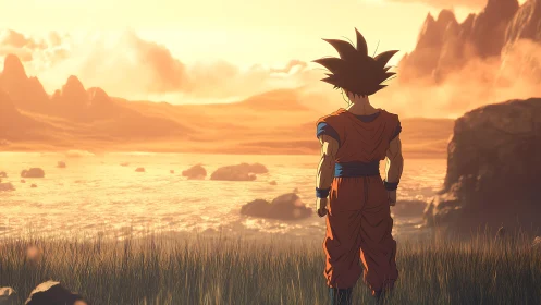 Backlit anime warrior surveying atmospheric coastal horizon.