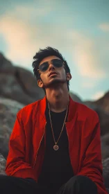 Portrait of young man in red jacket under warm dusk sky.