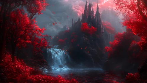 Dark Gothic Castle in Crimson Forest Landscape.