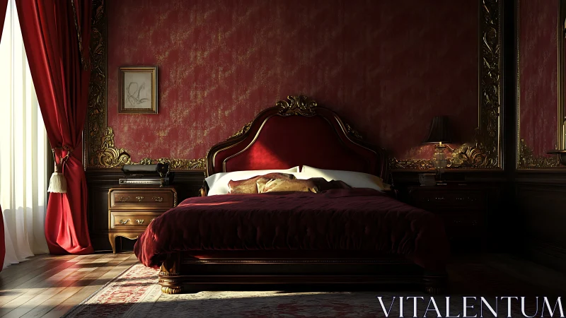 Luxurious classic bedroom with red and gold decor focus.