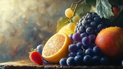 High-contrast still life of dewy assorted fruits with bokeh light