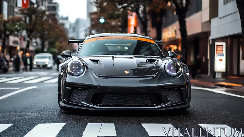 Front view sports car stands on wet urban crosswalk street