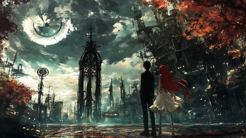 Stargazing couple before towering neo-gothic tech cityscape.