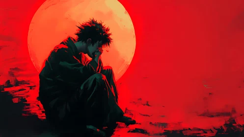 Silhouetted figure studies horizon against oversized crimson sun