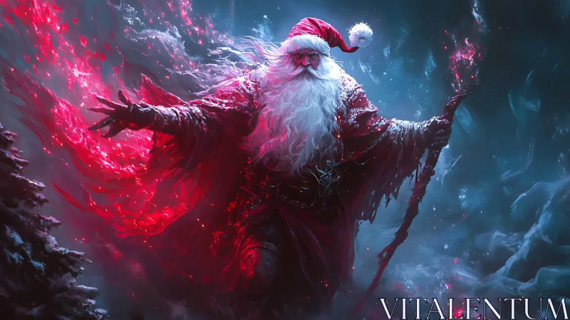 Dark winter Santa wizard wields blazing red magic staff.