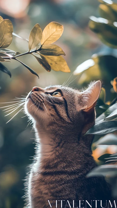 Tabby Cat Gazing at Sunlit Golden Leaves.