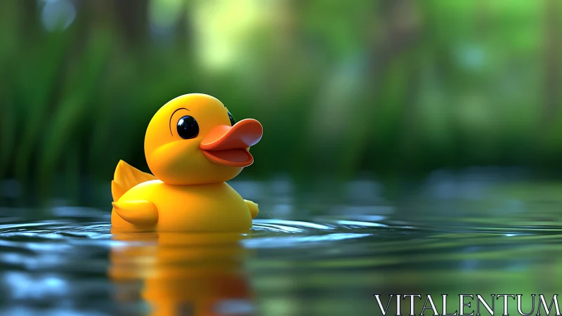 Sunny yellow rubber duck drifting on gentle green water.