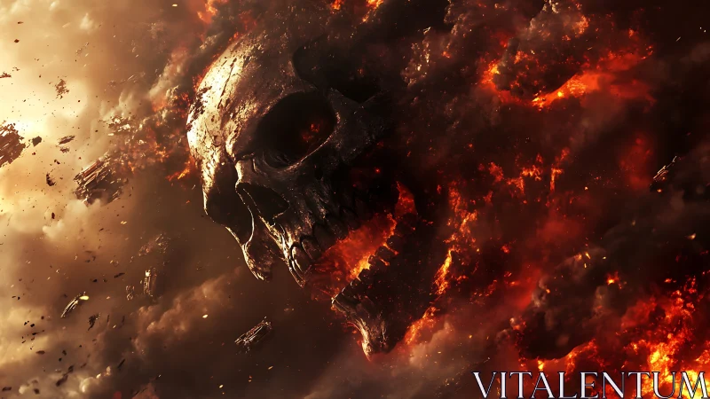 Infernal skull erupts through burning cosmic battlefield.