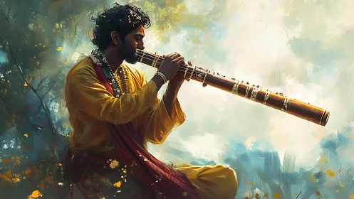 Mystic musician in saffron robes plays serene bamboo flute.