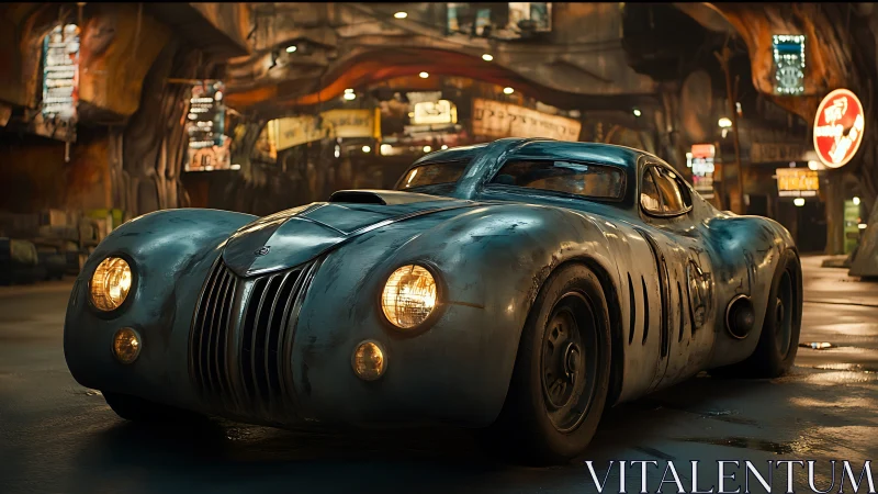 Streamlined retro coupe is parked in a wet urban tunnel