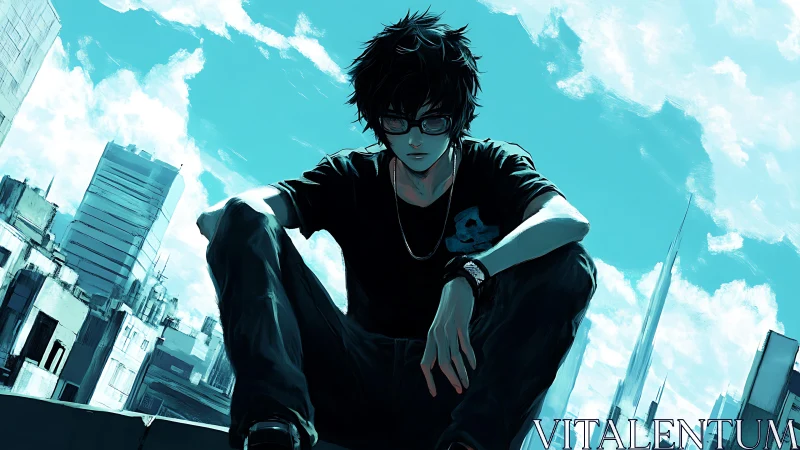Solitary rooftop teenager broods above a neon-blue city sky