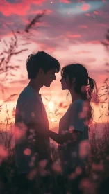 Silhouetted couple faces golden sunset amid wildflowers.